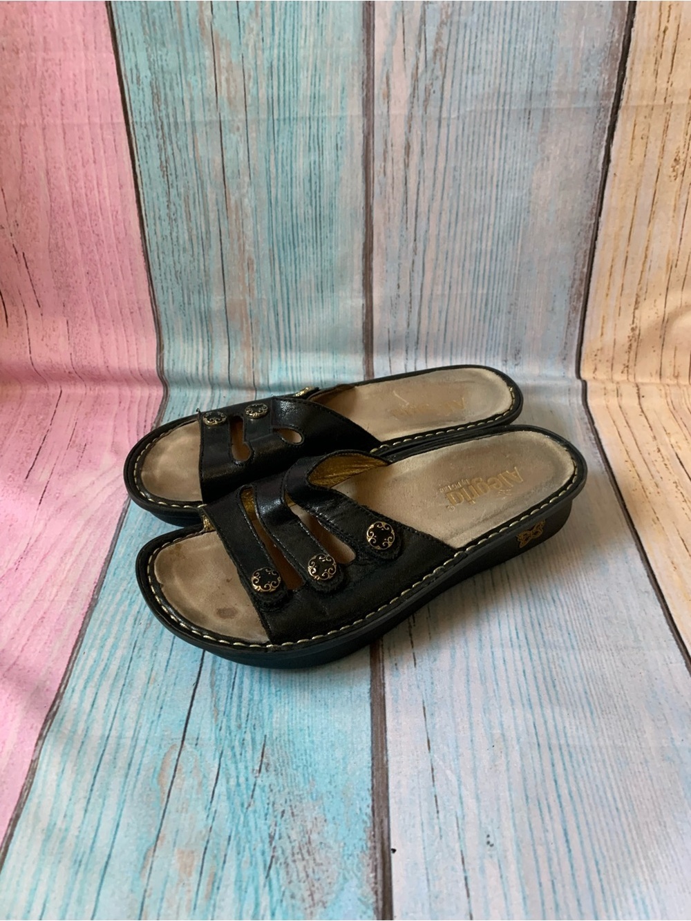 Alegria Black Women's Slide Sandals with Decorative Buttons - Picture 4 of 10